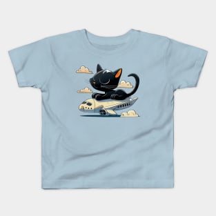 Funny Black Cat is Flying on the Plane Kids T-Shirt